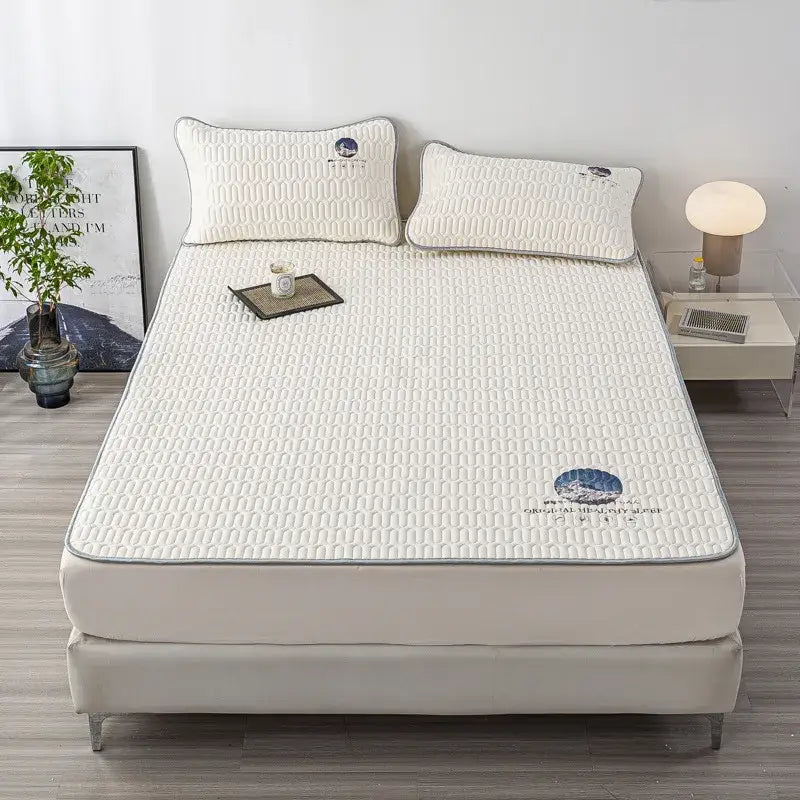Gray quilted latex bed mat set with cloud embroidery bedroom matress pad