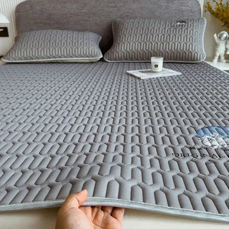 Gray quilted latex bed mat set with cloud embroidery bedroom matress pad