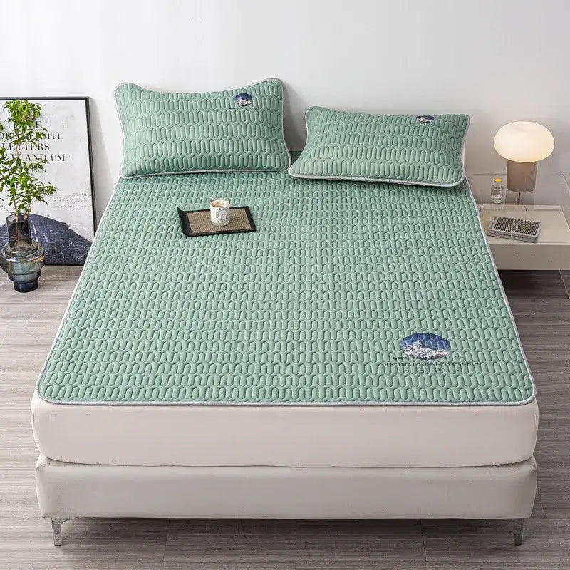 Gray quilted latex bed mat set with cloud embroidery bedroom matress pad