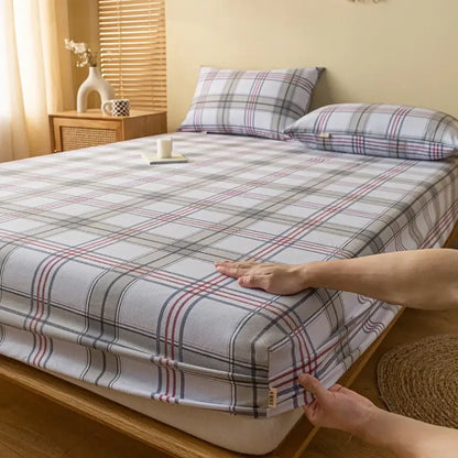 Gray red & black plaid cotton sheet set bedroom fitted sheet