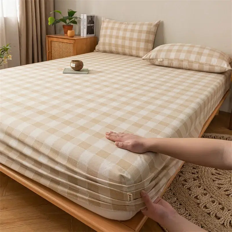 Gray red & black plaid cotton sheet set bedroom fitted sheet