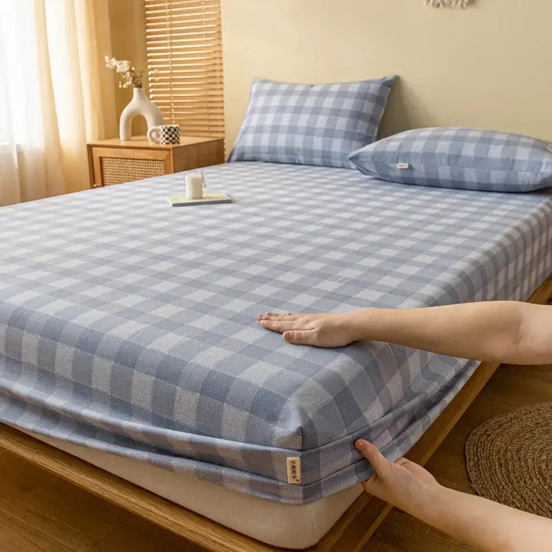 Gray red & black plaid cotton sheet set bedroom fitted sheet