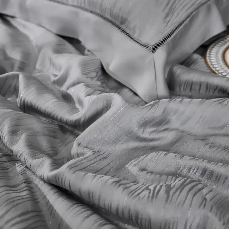 Gray ruched summer quilt set with black trim bedroom bedding