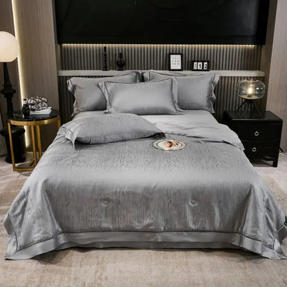 Gray ruched summer quilt set with black trim bedroom bedding