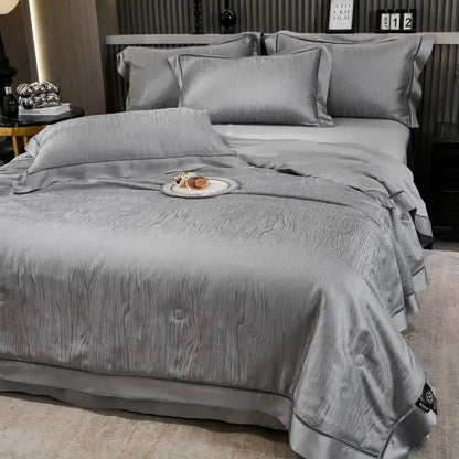 Gray ruched summer quilt set with black trim bedroom bedding