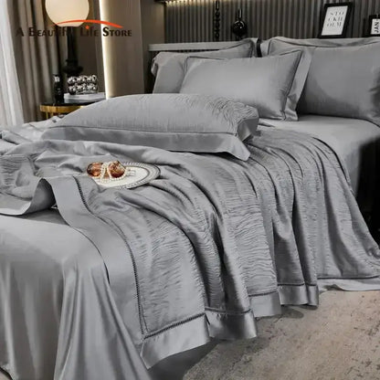Gray ruched summer quilt set with black trim bedroom bedding