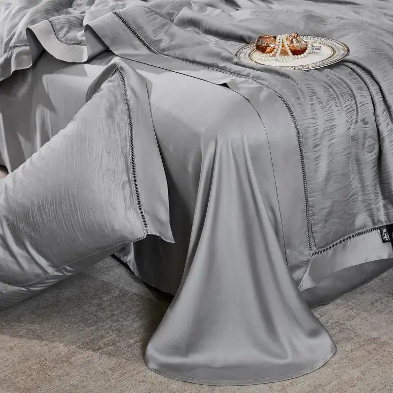 Gray ruched summer quilt set with black trim bedroom bedding