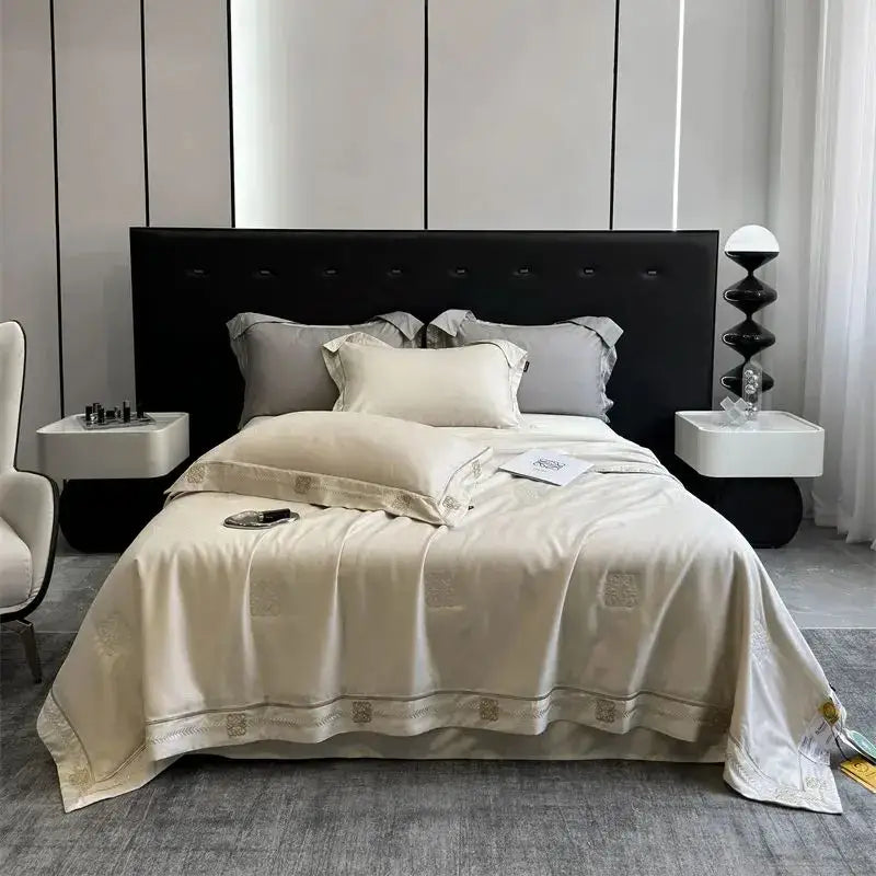 Gray satin eucalyptus fiber summer quilt bedding set bedroom gold trim