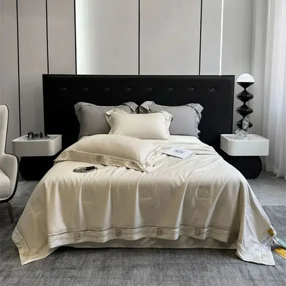 Gray satin eucalyptus fiber summer quilt bedding set bedroom gold trim