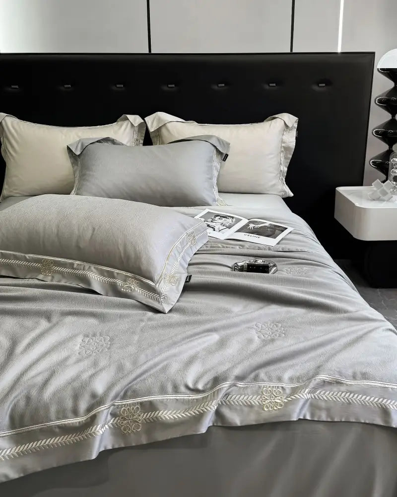 Gray satin eucalyptus fiber summer quilt bedding set bedroom gold trim
