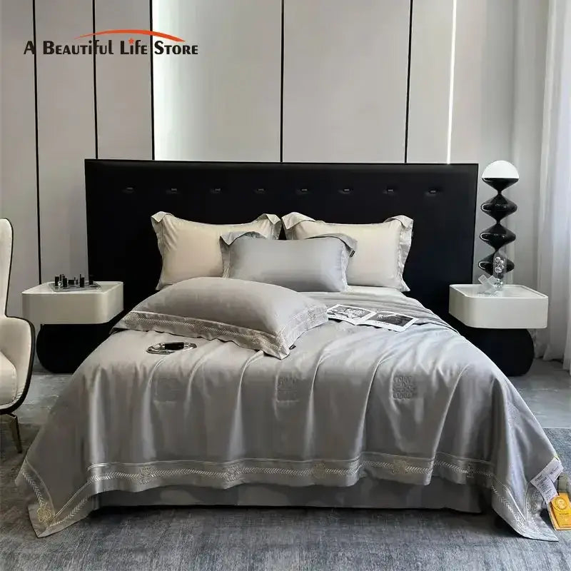 Gray satin eucalyptus fiber summer quilt bedding set bedroom gold trim