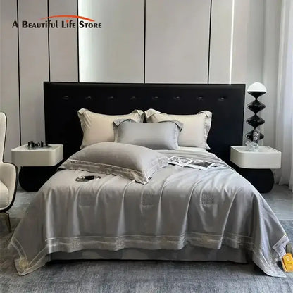 Gray satin eucalyptus fiber summer quilt bedding set bedroom gold trim