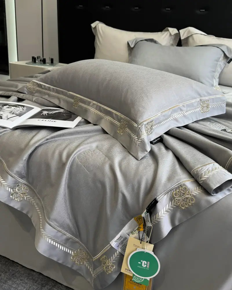 Gray satin eucalyptus fiber summer quilt bedding set bedroom gold trim