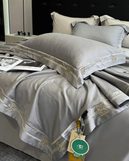 Gray satin eucalyptus fiber summer quilt bedding set bedroom gold trim