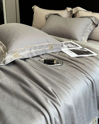 Gray satin eucalyptus fiber summer quilt bedding set bedroom gold trim