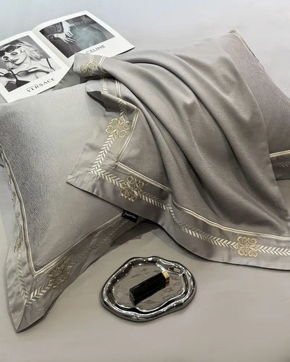 Gray satin eucalyptus fiber summer quilt bedding set bedroom gold trim