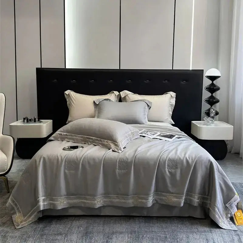 Gray satin eucalyptus fiber summer quilt bedding set bedroom gold trim