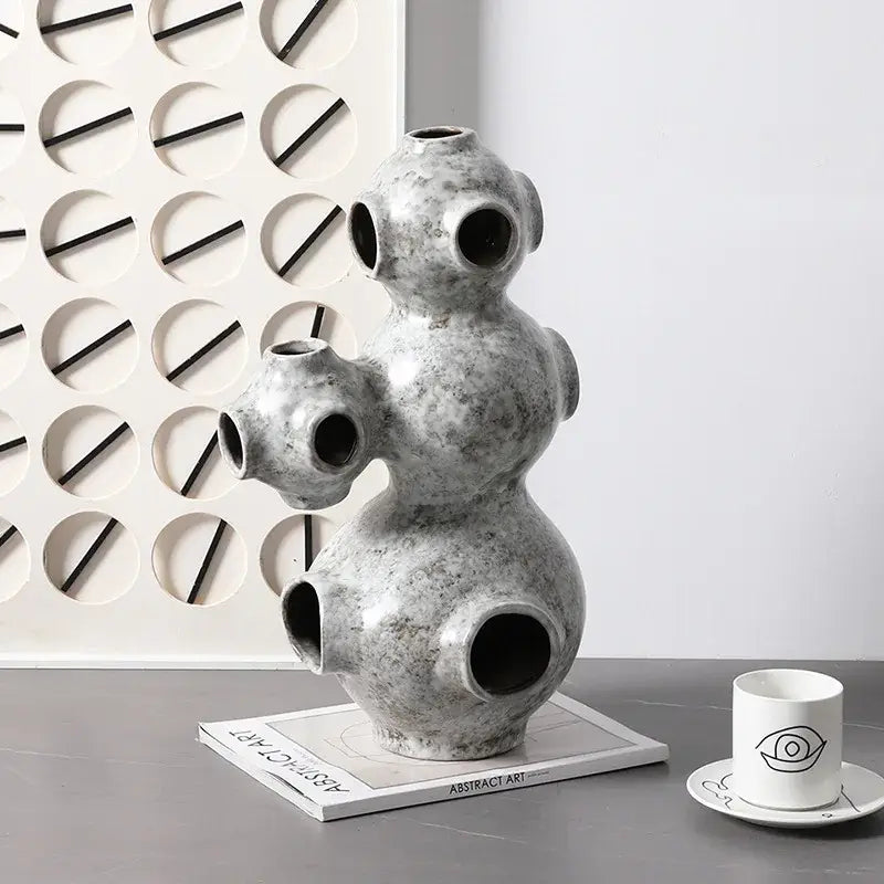 Gray speckled abstract planet ceramic ornament living room sculpture