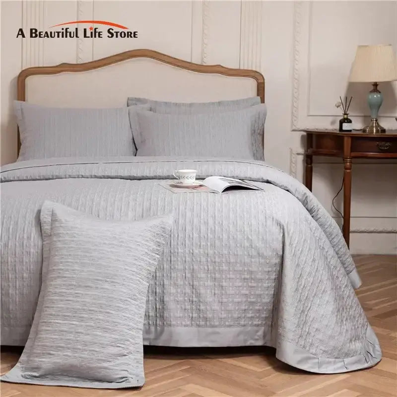 Gray textured egyptian cotton quilt set bedroom reversible bedspread