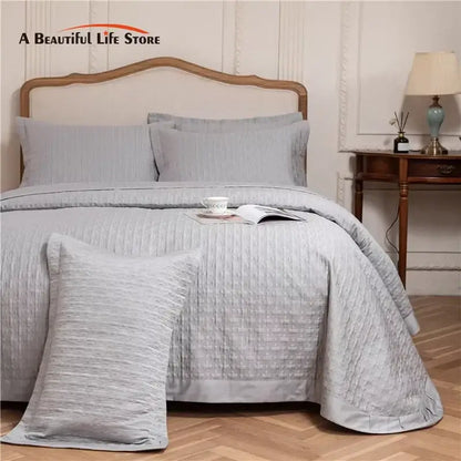 Gray textured egyptian cotton quilt set bedroom reversible bedspread
