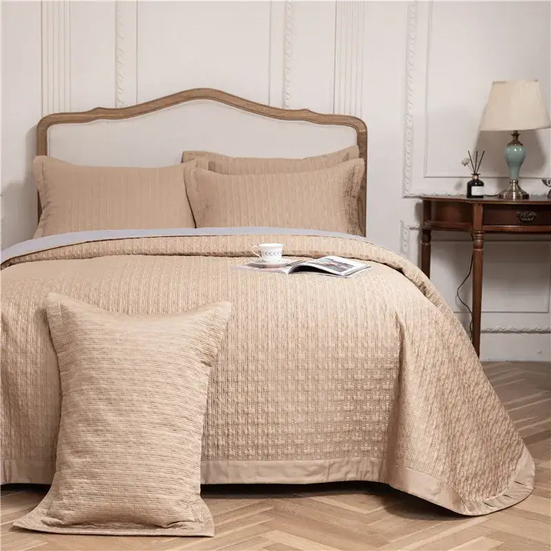 Gray textured egyptian cotton quilt set bedroom reversible bedspread