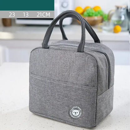 Gray textured insulated lunch bag kitchen thermal tote with leather handles