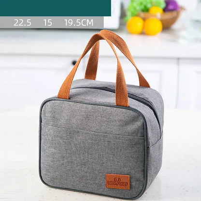Gray textured insulated lunch bag kitchen thermal tote with leather handles