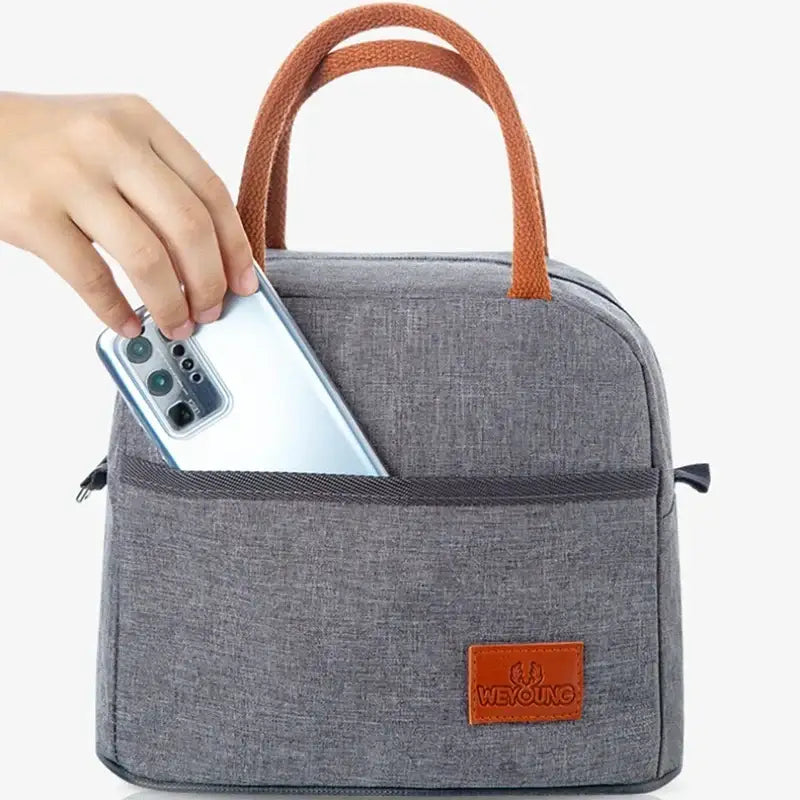 Gray textured insulated lunch bag kitchen thermal tote with leather handles