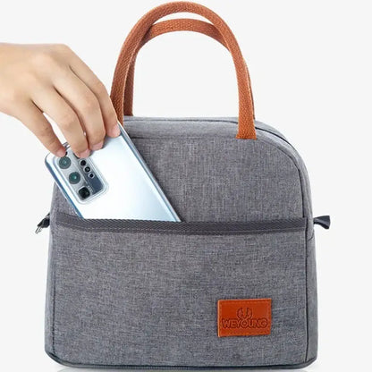Gray textured insulated lunch bag kitchen thermal tote with leather handles