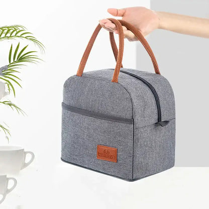 Gray textured insulated lunch bag kitchen thermal tote with leather handles