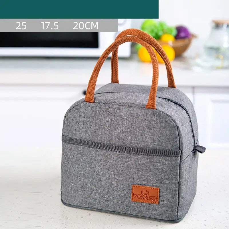 Gray textured insulated lunch bag kitchen thermal tote with leather handles