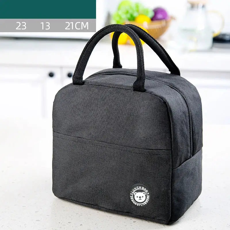 Gray textured insulated lunch bag kitchen thermal tote with leather handles