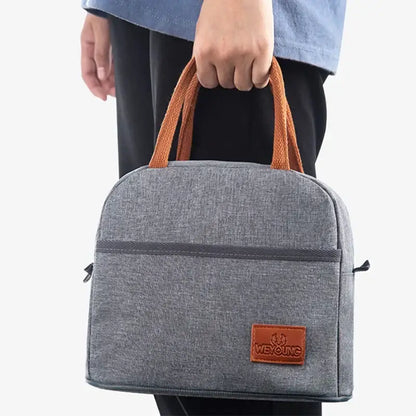 Gray textured insulated lunch bag kitchen thermal tote with leather handles