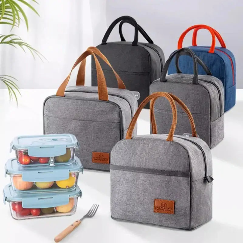 Gray textured insulated lunch bag kitchen thermal tote with leather handles