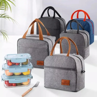 Gray textured insulated lunch bag kitchen thermal tote with leather handles