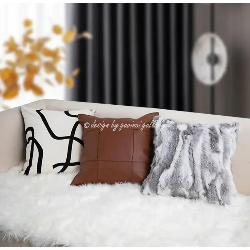Gray & white faux rex rabbit fur cushion cover living room throw pillow