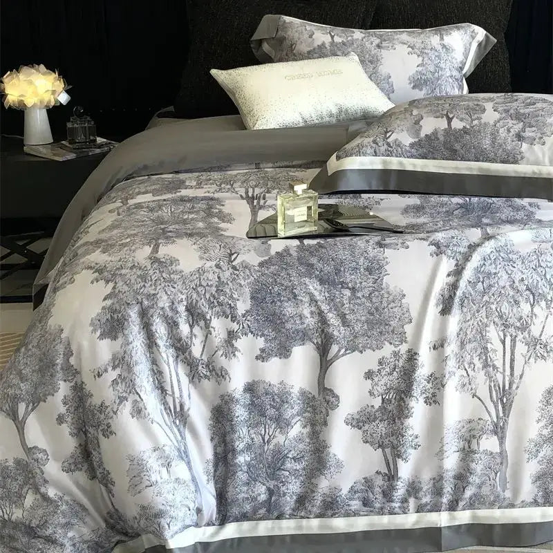 Gray & white forest toile bedding set bedroom jungle print flowers