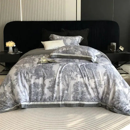 Gray & white forest toile bedding set bedroom jungle print flowers
