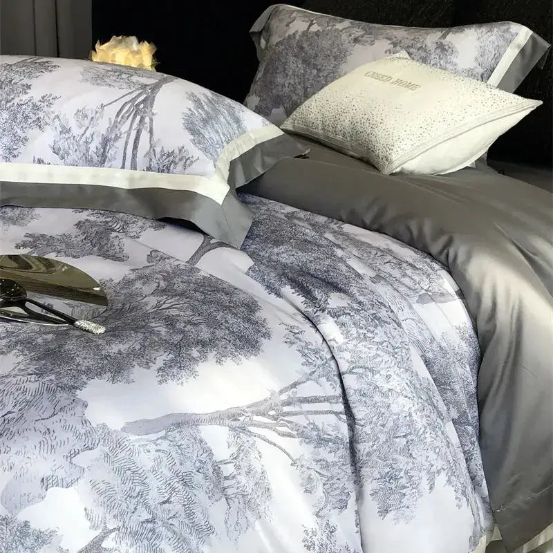 Gray & white forest toile bedding set bedroom jungle print flowers