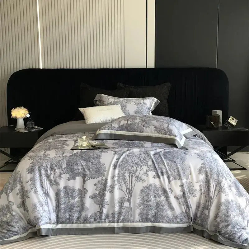 Gray & white forest toile bedding set bedroom jungle print flowers