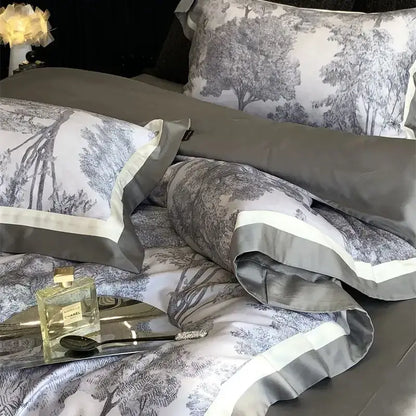 Gray & white forest toile bedding set bedroom jungle print flowers