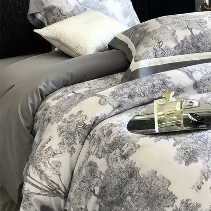 Gray & white forest toile bedding set bedroom jungle print flowers