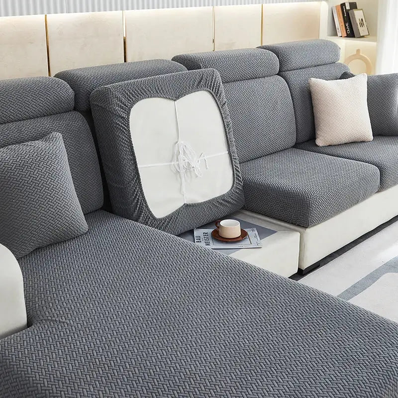 Gray & white jacquard velvet sofa cover living room stretch slipcover