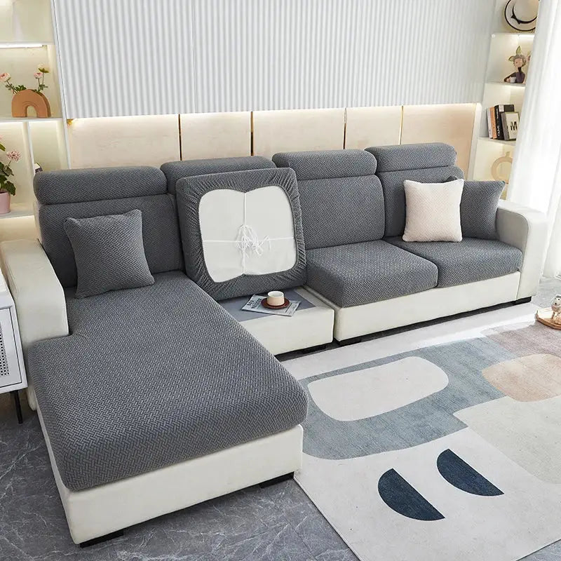Gray & white jacquard velvet sofa cover living room stretch slipcover