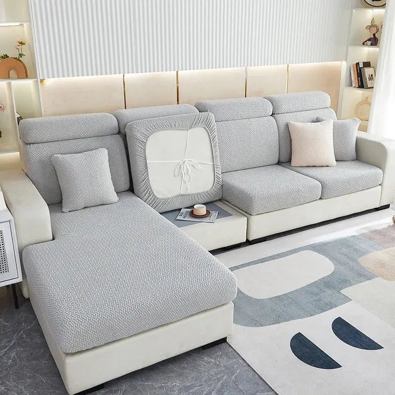 Gray & white jacquard velvet sofa cover living room stretch slipcover