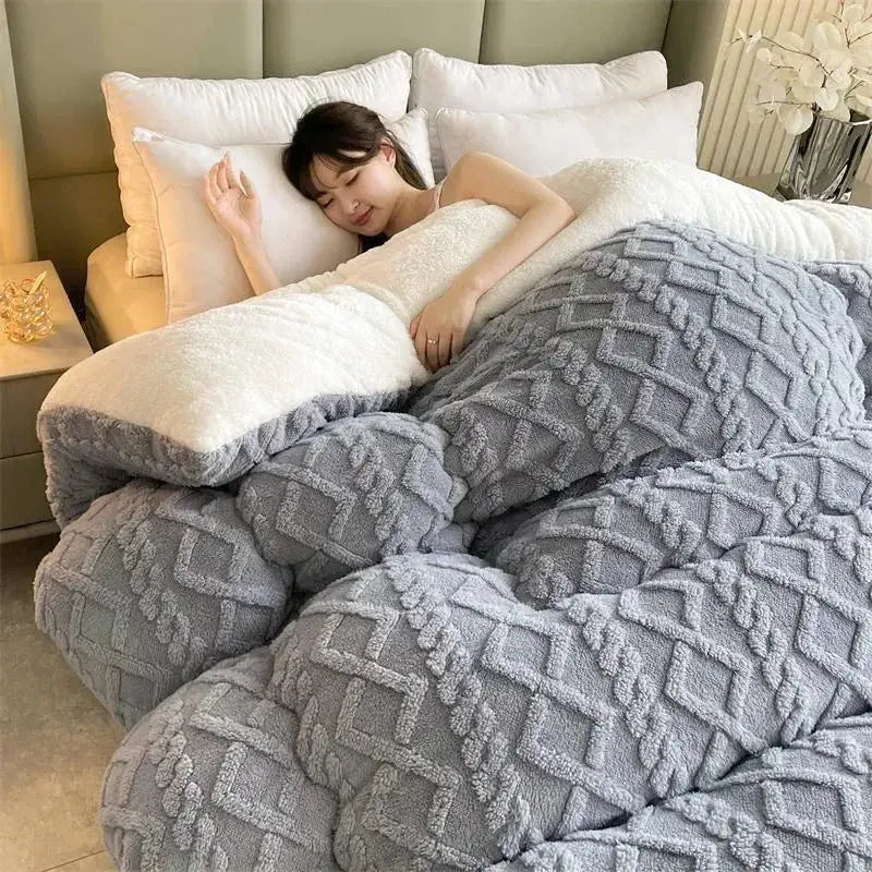 Gray & white textured fleece cozy winter bed blanket bedroom