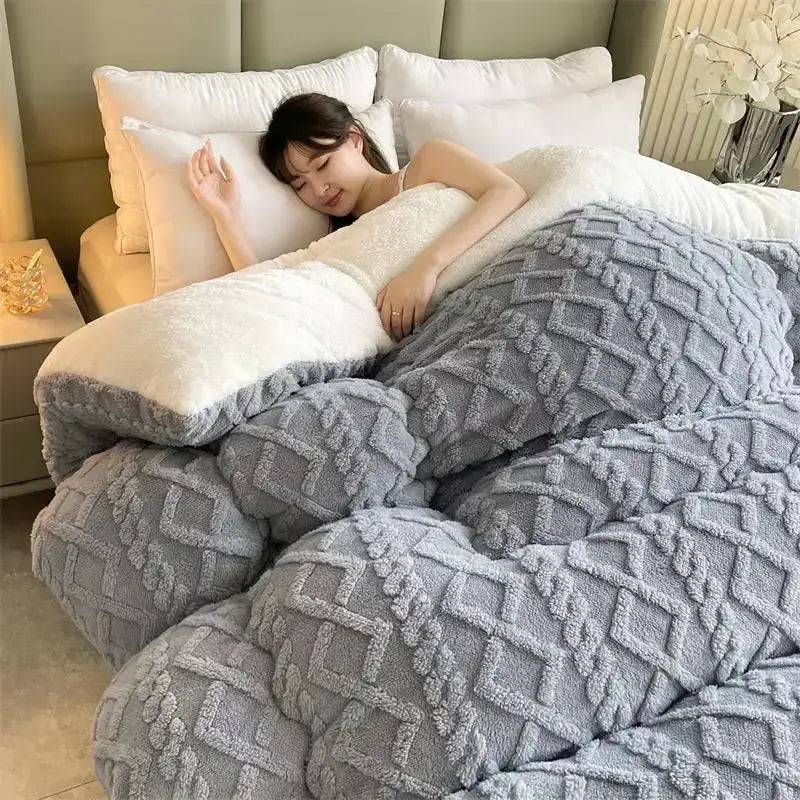 Gray & white textured fleece cozy winter bed blanket bedroom