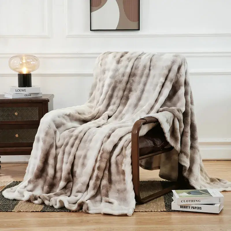 Gray & white tie-dye fuzzy faux fur blanket bedroom throw