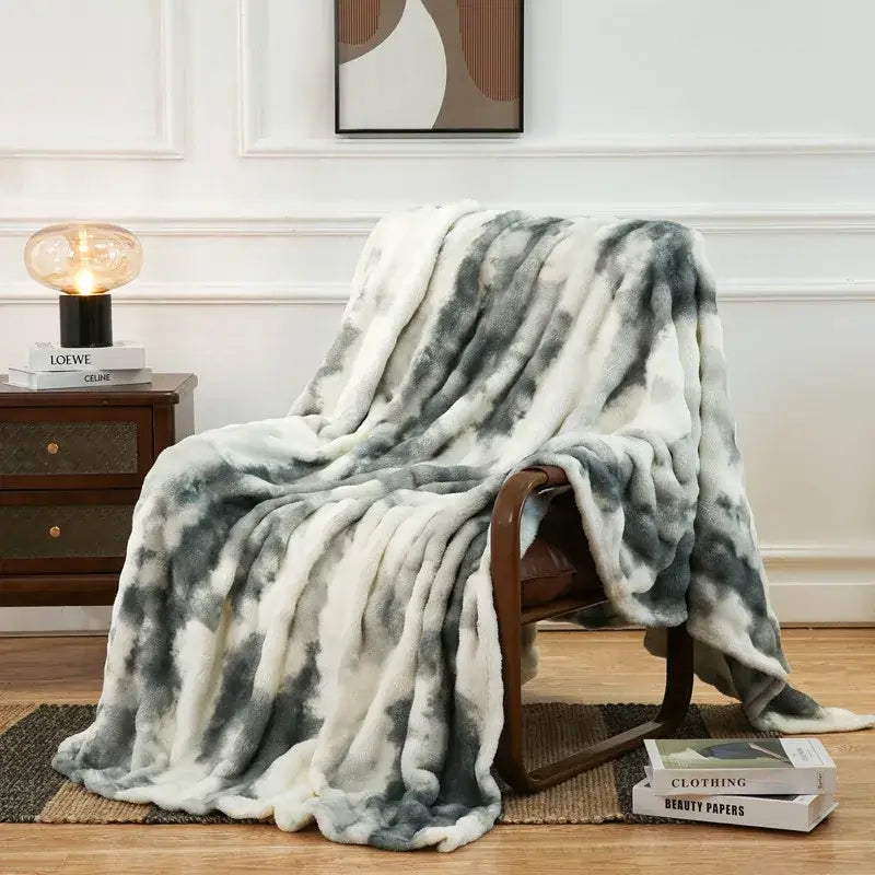 Gray & white tie-dye fuzzy faux fur blanket bedroom throw
