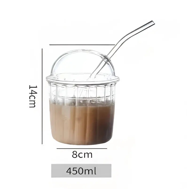 Green 450ml striped glass cup with lid and straw kitchen glassware
